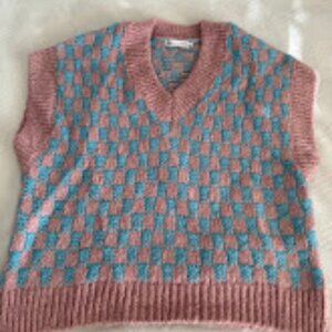 Zara Women’s Pink And Blue Checker Knit Sweater Vest Size M